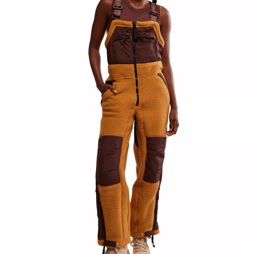 Hit the Slopes High Pile Fleece Snow Bibs in Toasted Almond